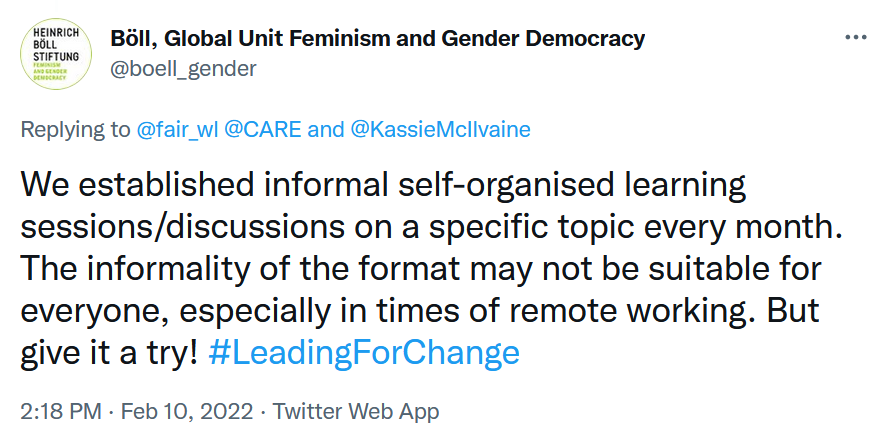We established informal self-organised learning sessions/discussions on a specific topic every month. The informality of the format may not be suitable for everyone, especially in times of remote working. But give it a try!