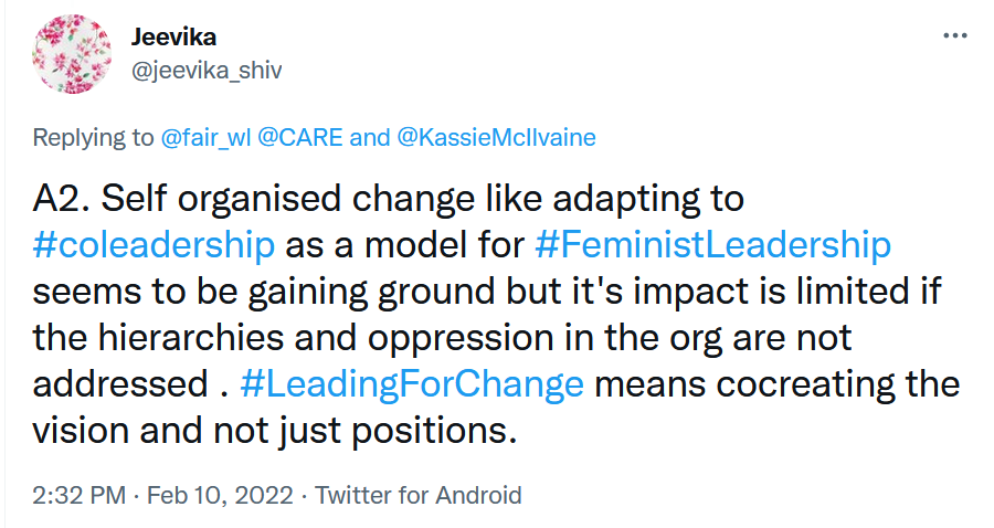 Self organised change like adapting to #coleadership as a model for #FeministLeadership seems to be gaining ground but it's impact is limited if the hierarchies and oppression in the org are not addressed . #LeadingForChange means cocreating the vision and not just positions