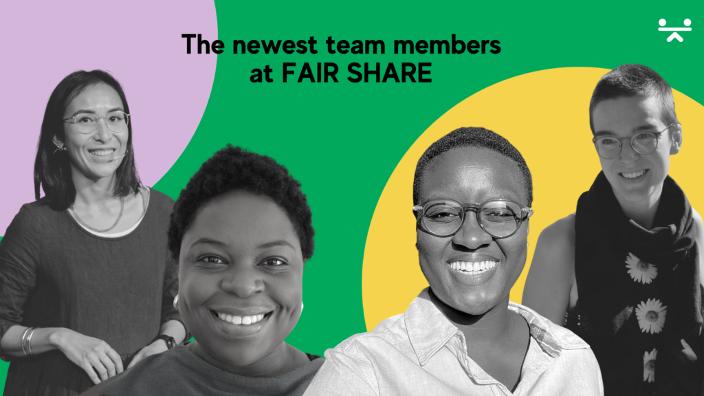 Graphik with four people in the foreground, showing the newest team members of the FAIR SHARE team