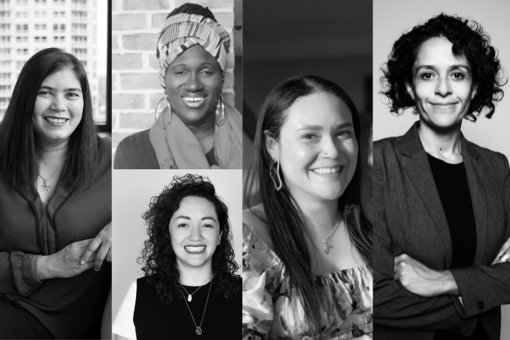Black and white group photo of five women from left to right: ElsaMarie D’silva, Gloria Guerrero, Nana Afua Y. Brantuo, Oriana Castillo, and Zinnya del Villar. Each woman is smiling and dressed in various professional and casual outfits, representing the diversity and unity of the advisory committee.